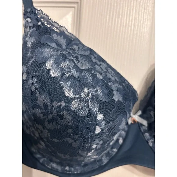 Victorias Secret 38D Bra Body by Victoria Lined Demi Padded Floral Lace Blue - Picture 11 of 14